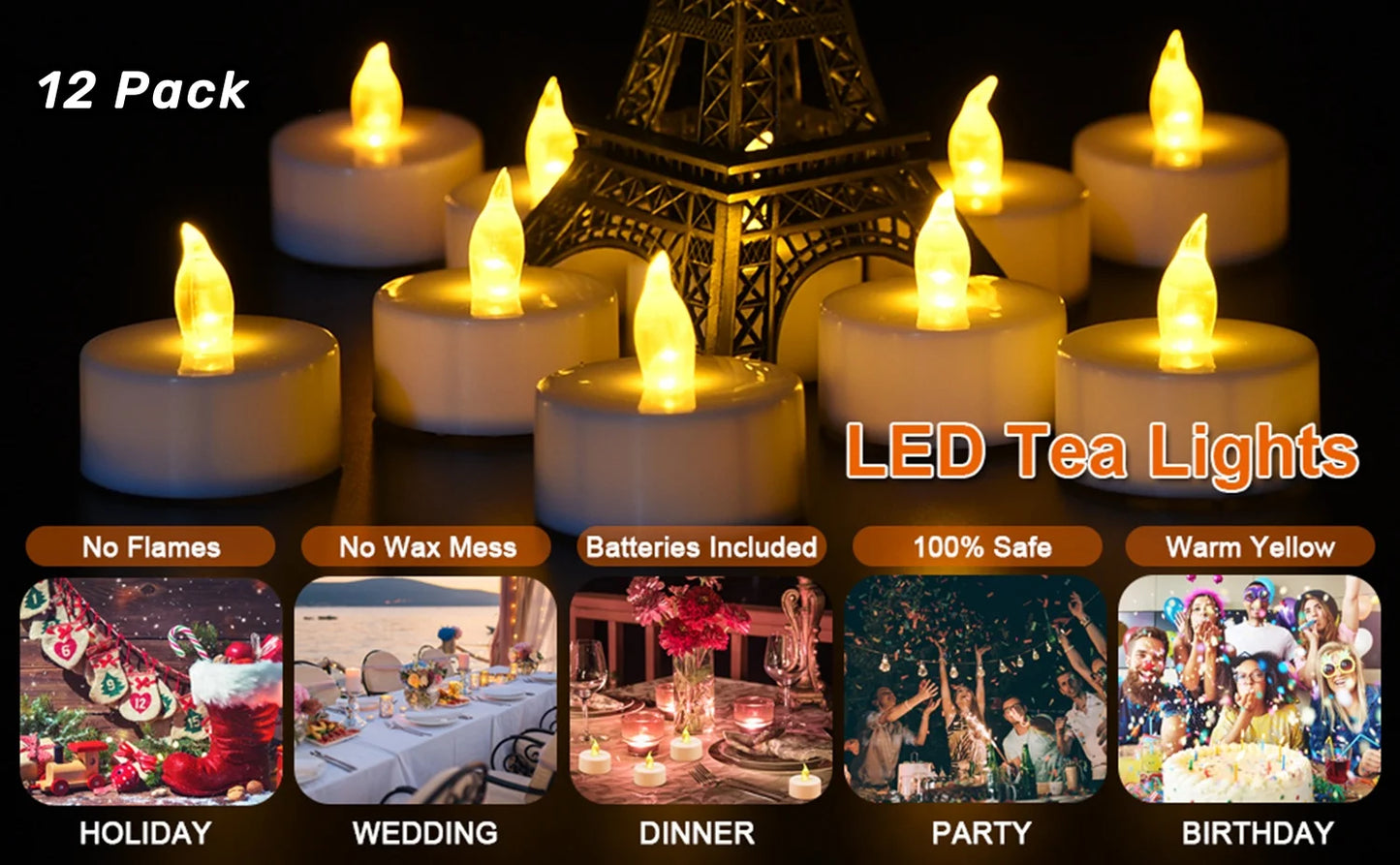 Candlium 12 Pack Warm Yellow Flameless LED Tea Light Candles Battery Operated 200+Hours For Votive Aniversary Wedding Decoration