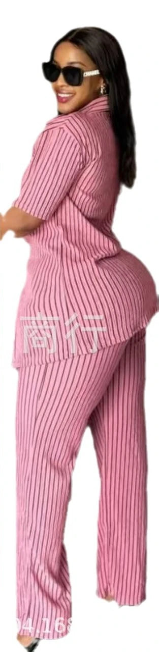 Two Piece Sets Women Pant Set Turn Down Collar Streetwear Y2k Single Breasted Shirt Tops Striped Wide Leg Long Pants Casual 2025