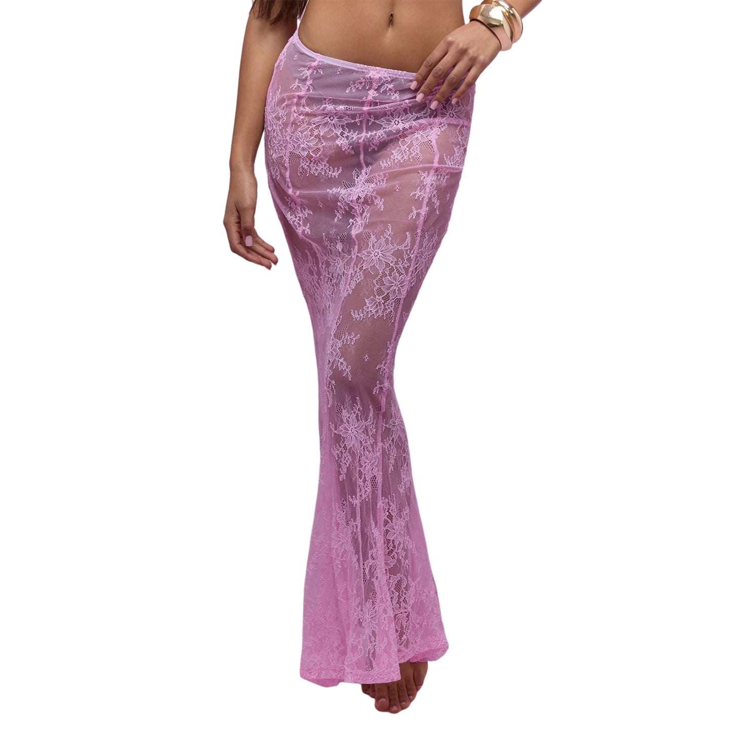 Women's Summer Sheer Lace Skirt Trendy Long Cocktail Skirt for Bar, Beach, Party