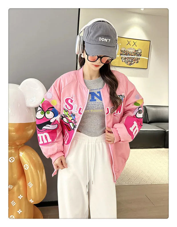 Cross-border Cartoon Embroidery Baseball Jacket For Men Women Casual Loose Fit Hip Hop Top Spring Autumn Letter Couple Jacket