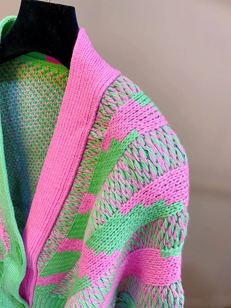 Women Color Block Green Crop Cardigan High Street Long Sleeve Knit Top Sweater Autumn Winter Korean Dongdaemun Fashion Trends