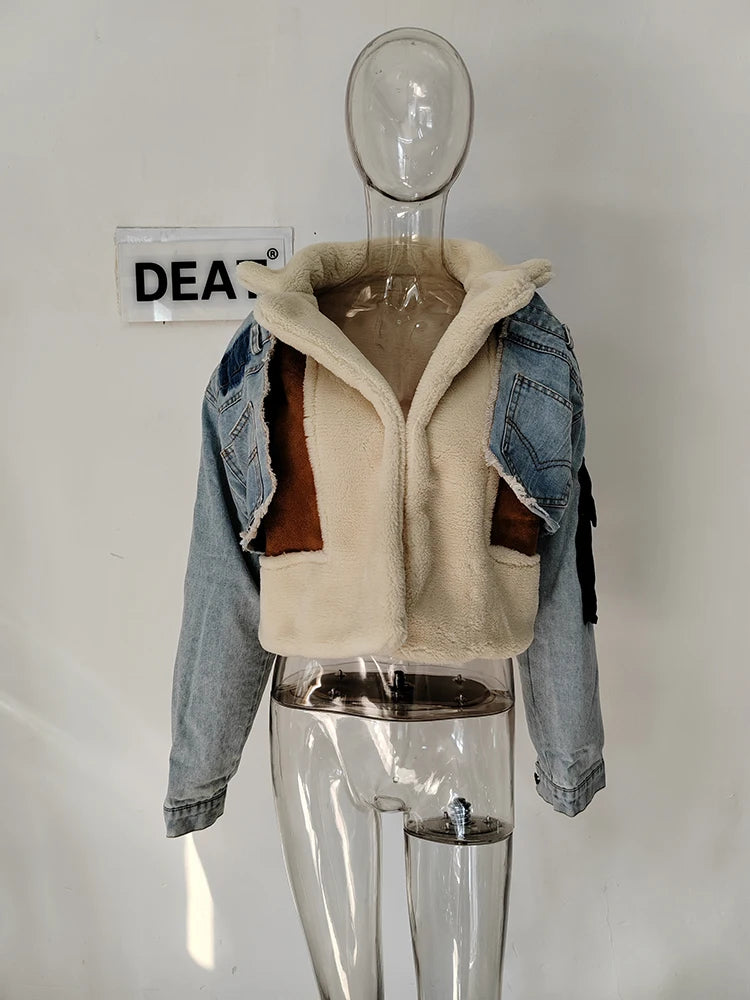 DEAT Leisure Full Sleeve Wool Liner Wde Waisted Turn Down Collar Women Slim Patchwork Woolen Coat 2024 Autumn Autumn New TD659