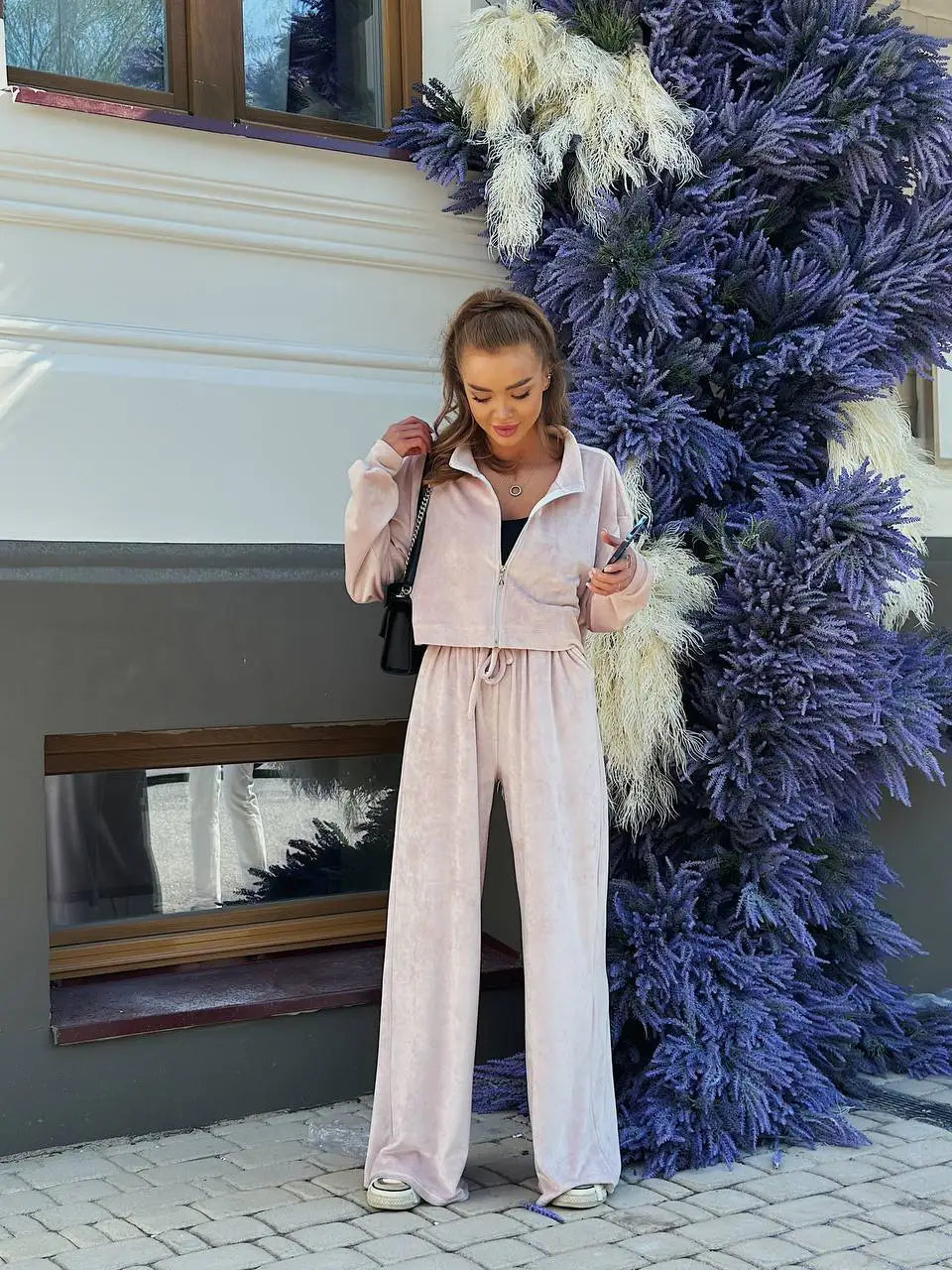 Autumn And Winter Long-sleeved Zipper Lapel Jacket Elastic Waist Wideleg Trousers Velvet Casual Two-Piece Suit For Office Ladies