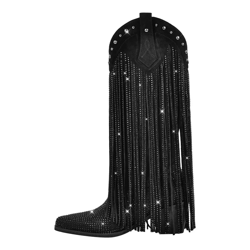 Onlymaker Women Sliver Rhinestone Fringe Knee High Western Boots Big Size Block Heel Pull-On Cowgirl Boots