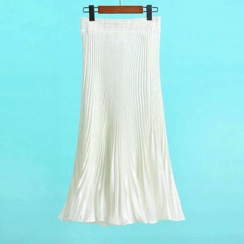 Women's Fashion Pleated Mermaid Long Skirt Korean Style Casual High Waist Satin Flowy Skirts Shiny 19 Colors 2024 Spring SK500
