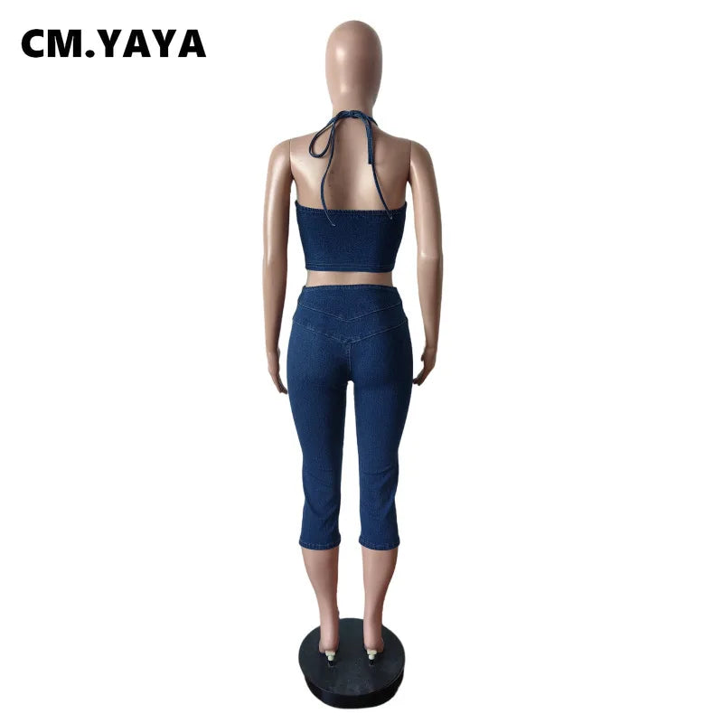 CM.YAYA Fashion ZIP Denim Women's Set sleeveless Crop Top and Calf Length Jeans Pants 2025 Two 2 Piece Sets Outfits Tracksuit
