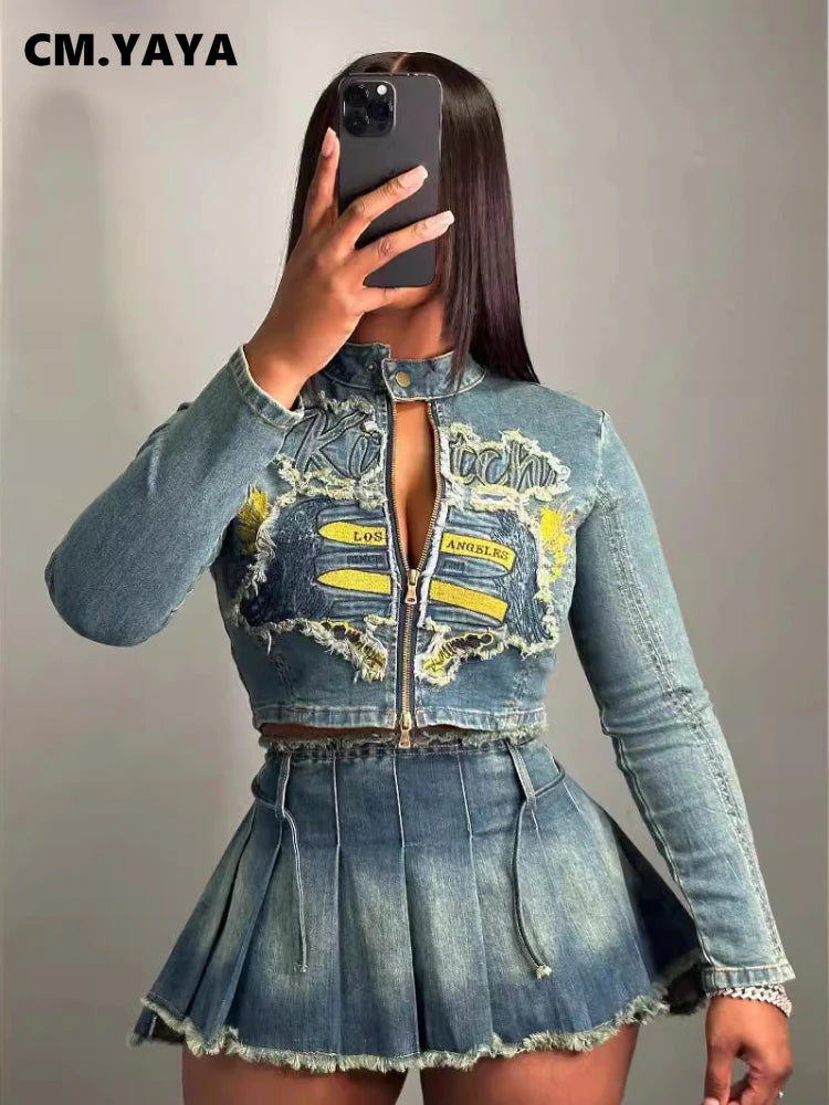 CM.YAYA Denim Women's Set Letter Embroidery Full Sleeve Jacket and Pleated Skirts Suits Streetwear Sexy Two 2 Piece Set Outfits