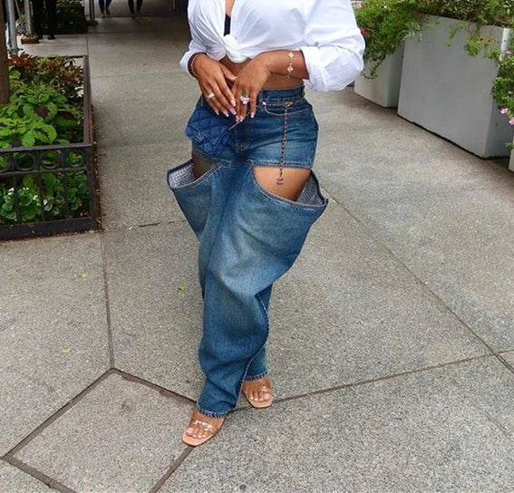 Simenual Fashion Streetwear Bottoms Punk Grunge Blue Hollow Out Loose Denim Pants Casual Y2K Rave Zip Cargo Trousers Indie Jeans
