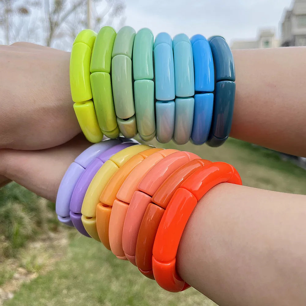 FishSheep Trendy Acrylic Stacked Bamboo Beads Bangles Bracelets for Women Bohemian Resin Elastic Beaded Bracelets Set Jewelry