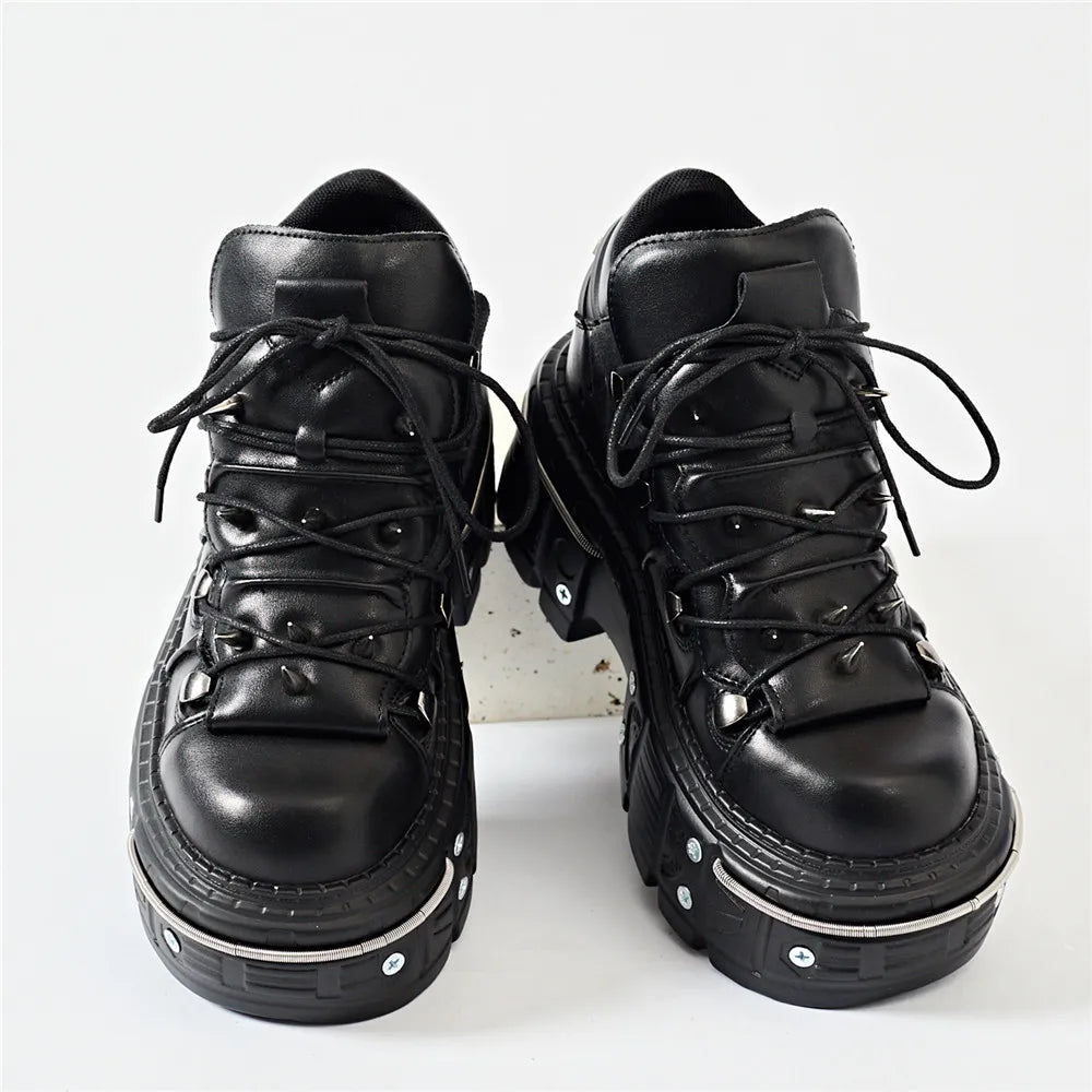 Punk Women Lace-Up Ankle Botas Mujer 2025 Rivet Metal Decoration Round Toe Thick Bottom Boots Woman Nightclub Rock Platform Shoe