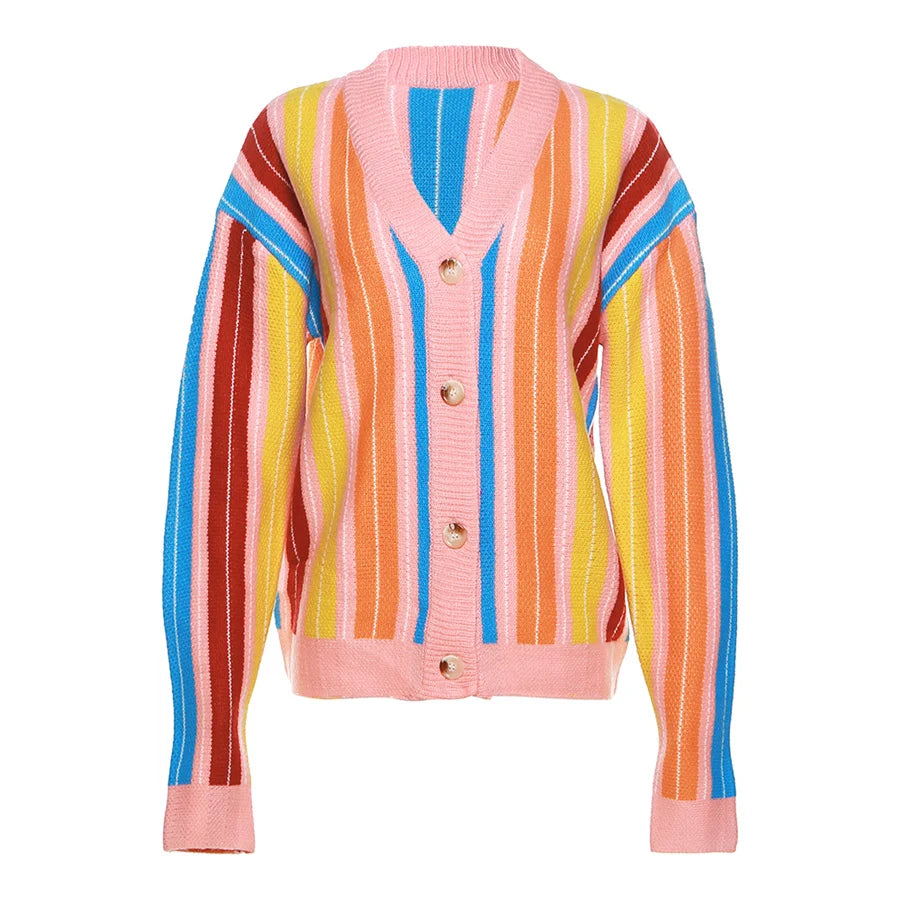 Whatiwear Colorful Striped Sweater Woman Y2K Trend Single-Breasted Long Sleeve Street Hipster Wild Loose Classic Cardigan Coats