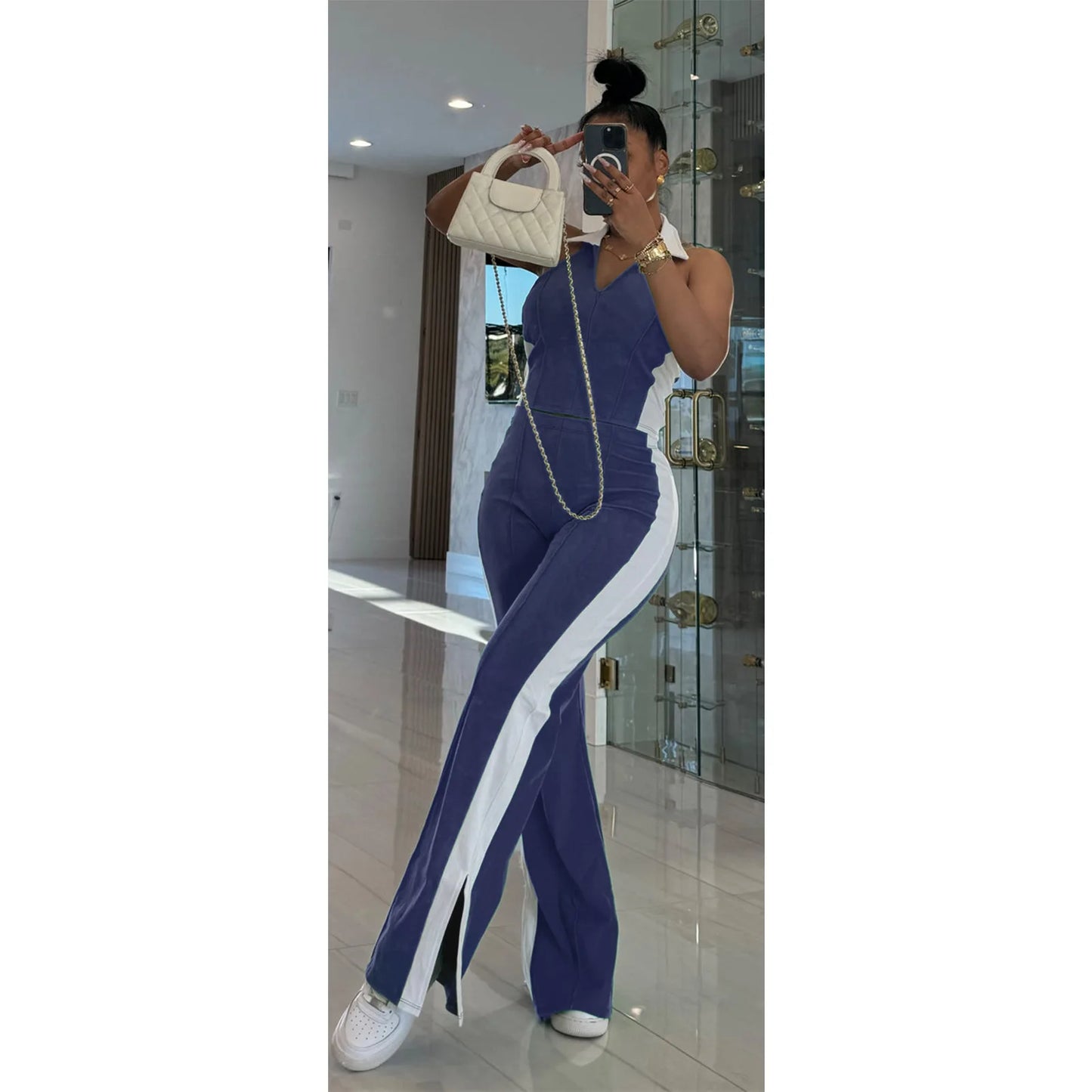 CM.YAYA Sporty Patchwork Women's Set Sleeveless Polo-tank Tops and Slit Flare Pants 2025 Active Two 2 Piece Set Outfit Tracksuit