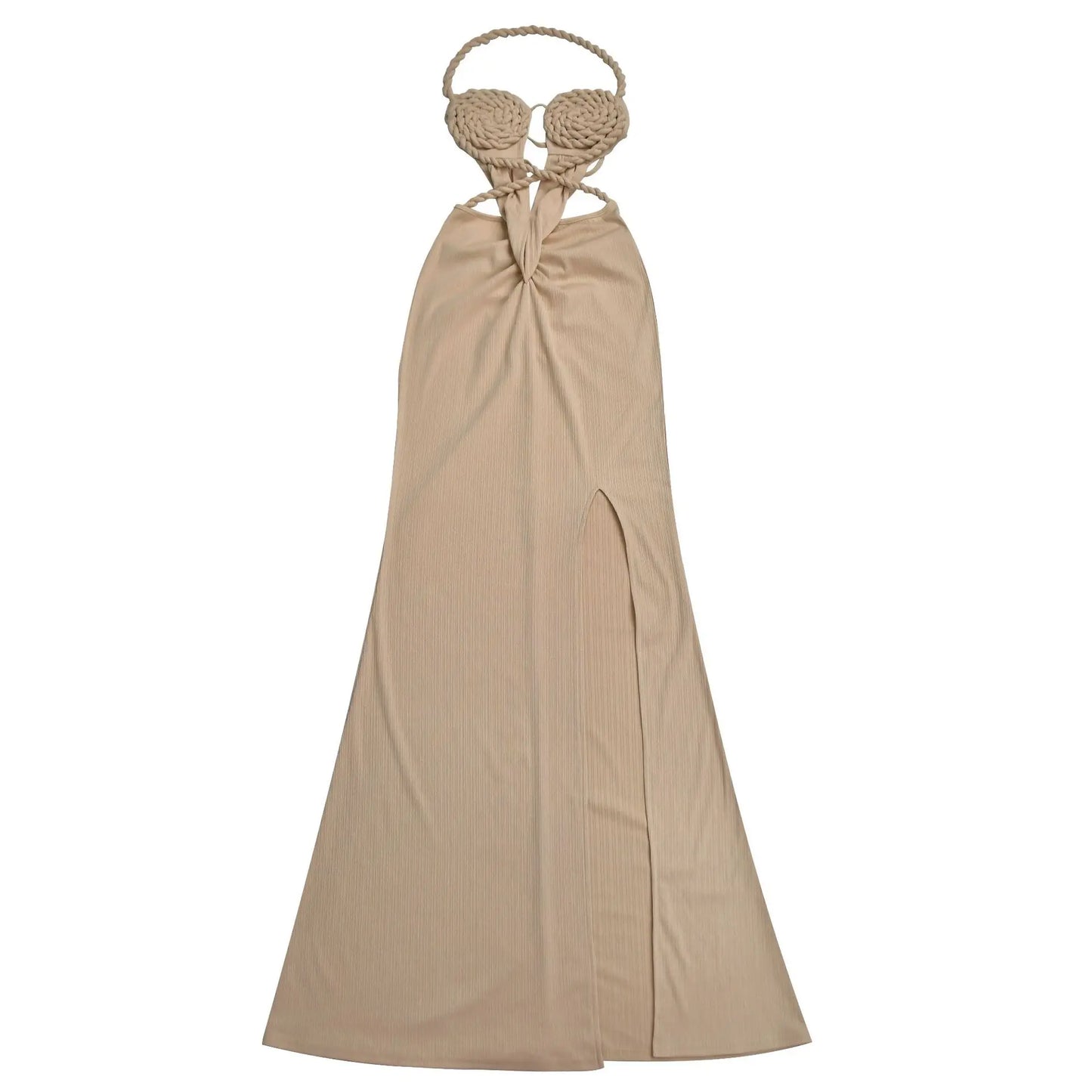 CM.YAYA Women Hemp Rope Halter Neck Stacked Ruched High Split Knit Bodycon Midi Maxi Long Dress 2025 Birthday Sexy Party Dresses