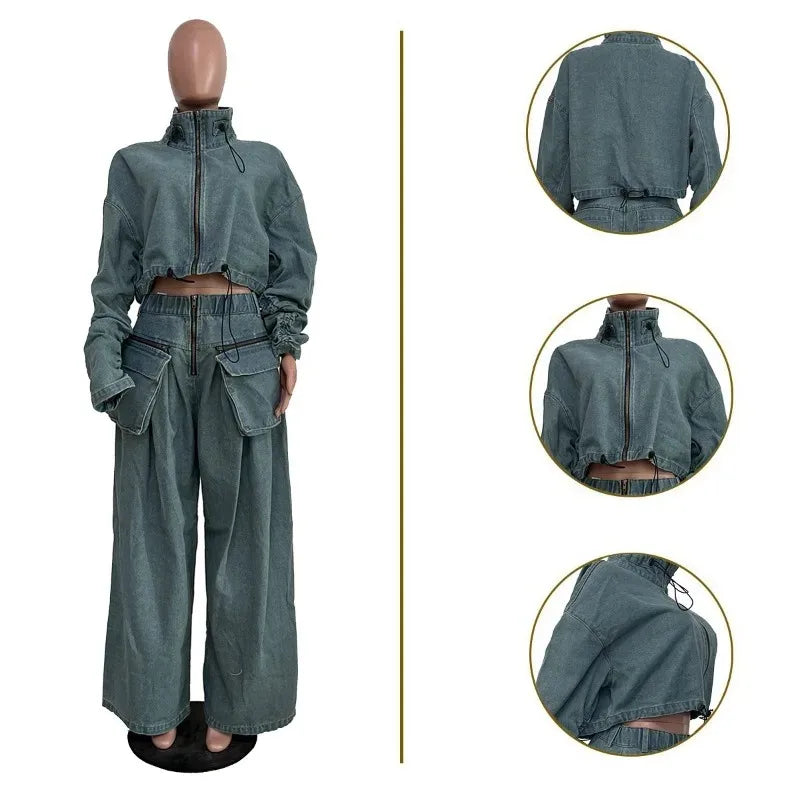 Casual Loose Denim Two Piece Set for Women Streetwear 2023 Autumn Zipper High Collar Crop Top Elastic Waist Wide Leg Cargo Pants