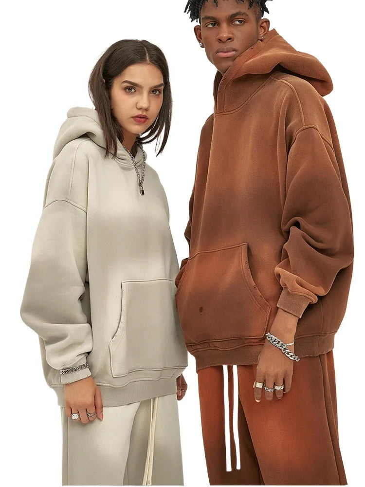 Custom LOGO 2025 autumn winter new 360G heavy sweater men's women's spray-dyeing old thickened hooded trendy sweater trousers clothes set