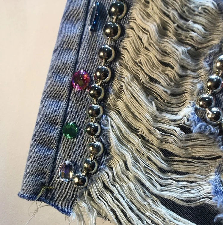 Diamond Beaded Denim Knee Length pants Woman 2025 Summer New Loose High Waist Slimming mid-pants Jeans women