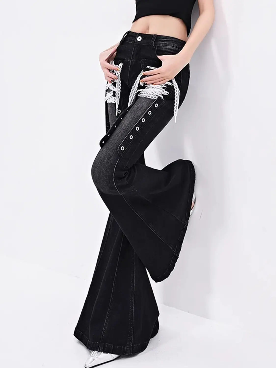 European White Y2k Lace Strap Micro Flared Jeans for Women Hot Girls Street Low Waist Slim Fit and Slimming Floor Length Pants