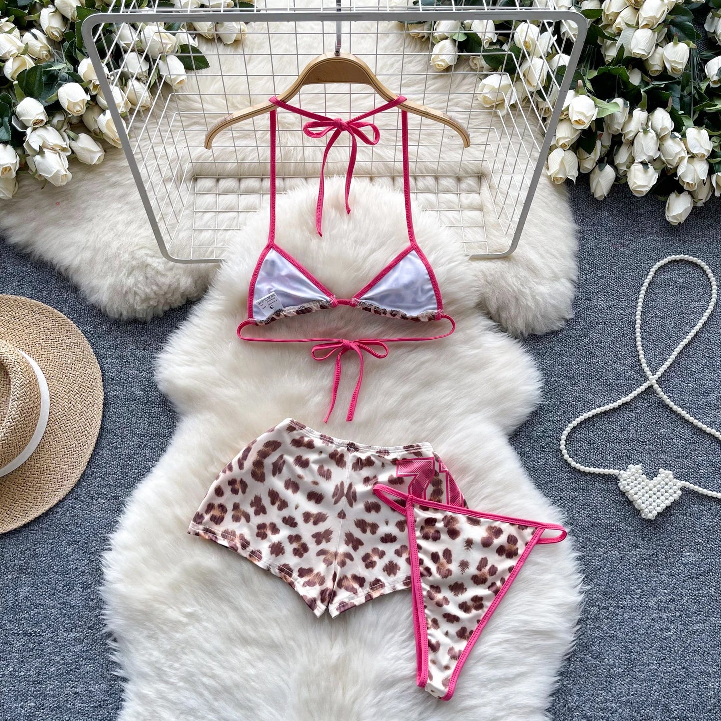 SINGREINY Leopard Bikini Hotsweet Three Piece Set Halter Bra+Slim Shorts+Mini Briefs 2024 Women Lace-Up Backless Sexy Suits