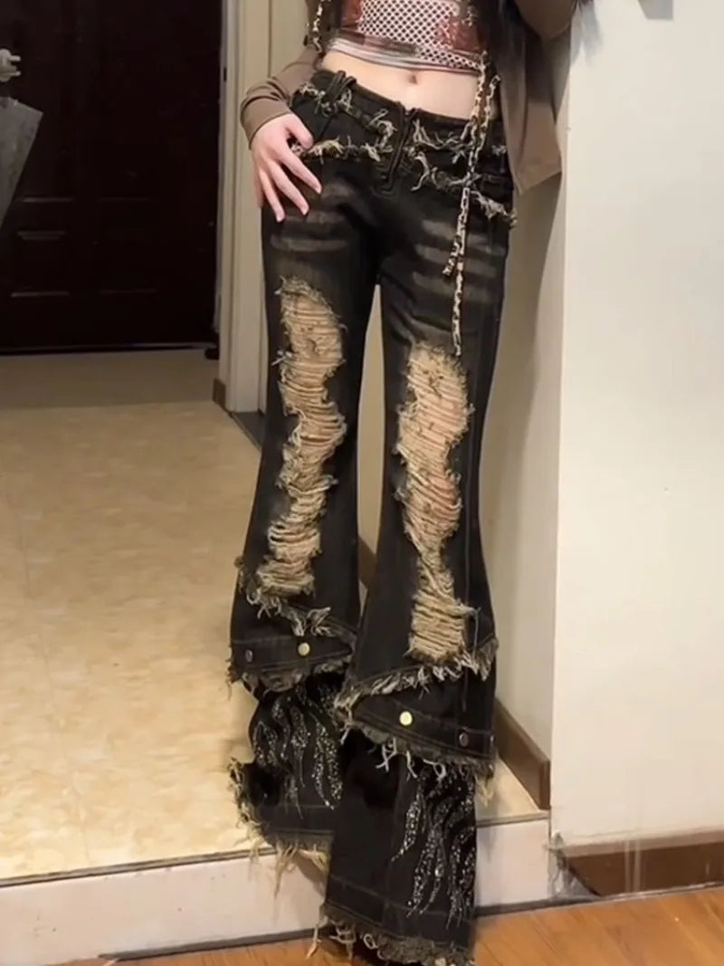 Ropa Y2K Grunge New Rock Ripped Stacked Jeans Flare Pants for Women 90S Vintage Clothes Washed Black Lady Gothic Trousers 2025