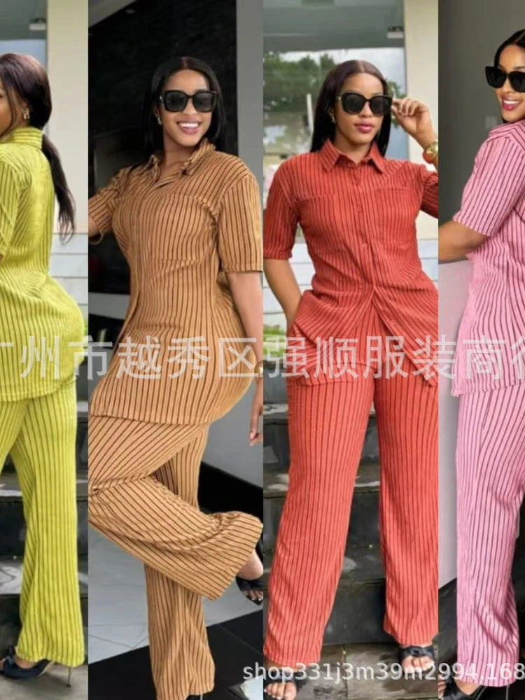Two Piece Sets Women Pant Set Turn Down Collar Streetwear Y2k Single Breasted Shirt Tops Striped Wide Leg Long Pants Casual 2025