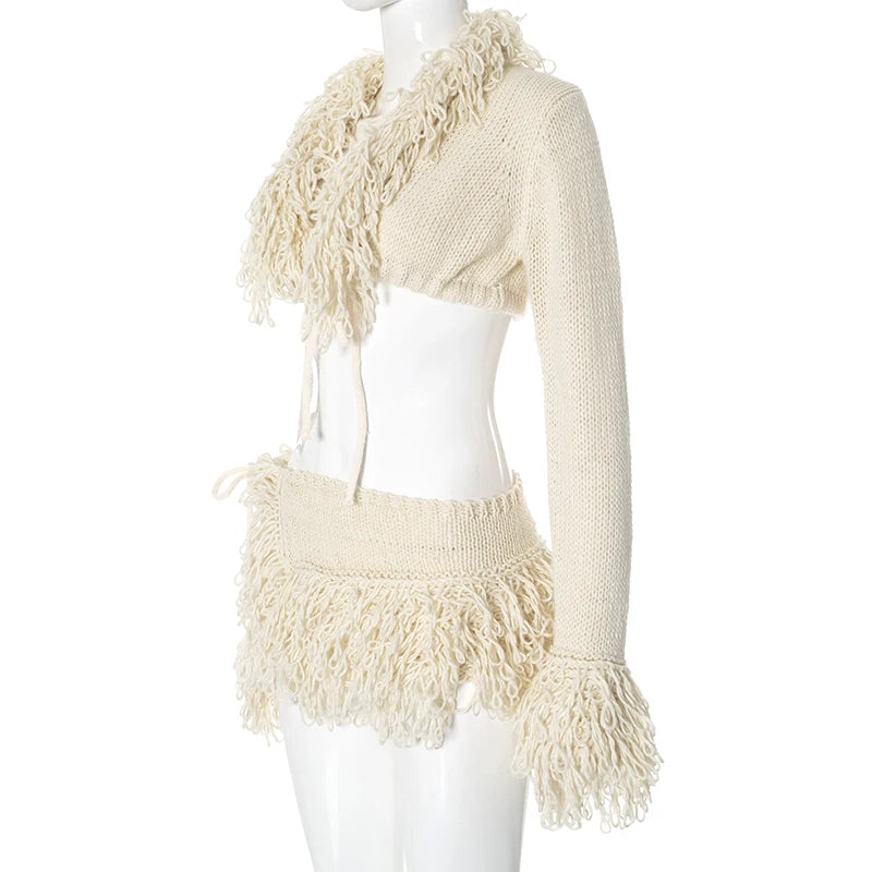 CUTENOVA 2024 New French Knit Sexy Set Tie Cardigan Long Sleeve Navel Top + Fashion Sexy Mini Skirt Set For Y2K Hottie Girl Wear