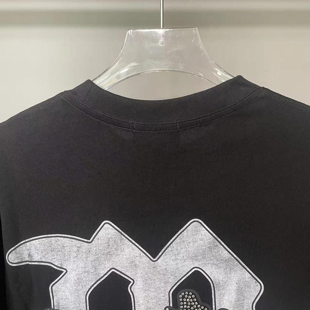 New Summer Letter Rhinestone Short Sleeve Black Mens Tshirts Streetwear Cotton Loose Round Neck Top Tees Oversized Unisex Tshirt