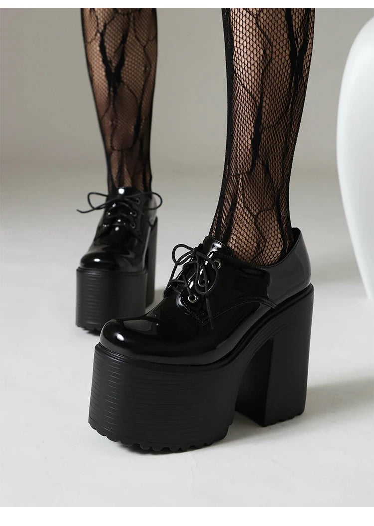 Ultra High Waterproof Platform Shiny Patent Leather Lace Up Women's Pumps Breathable Lining Thick Heels Punk Trendy High Heels