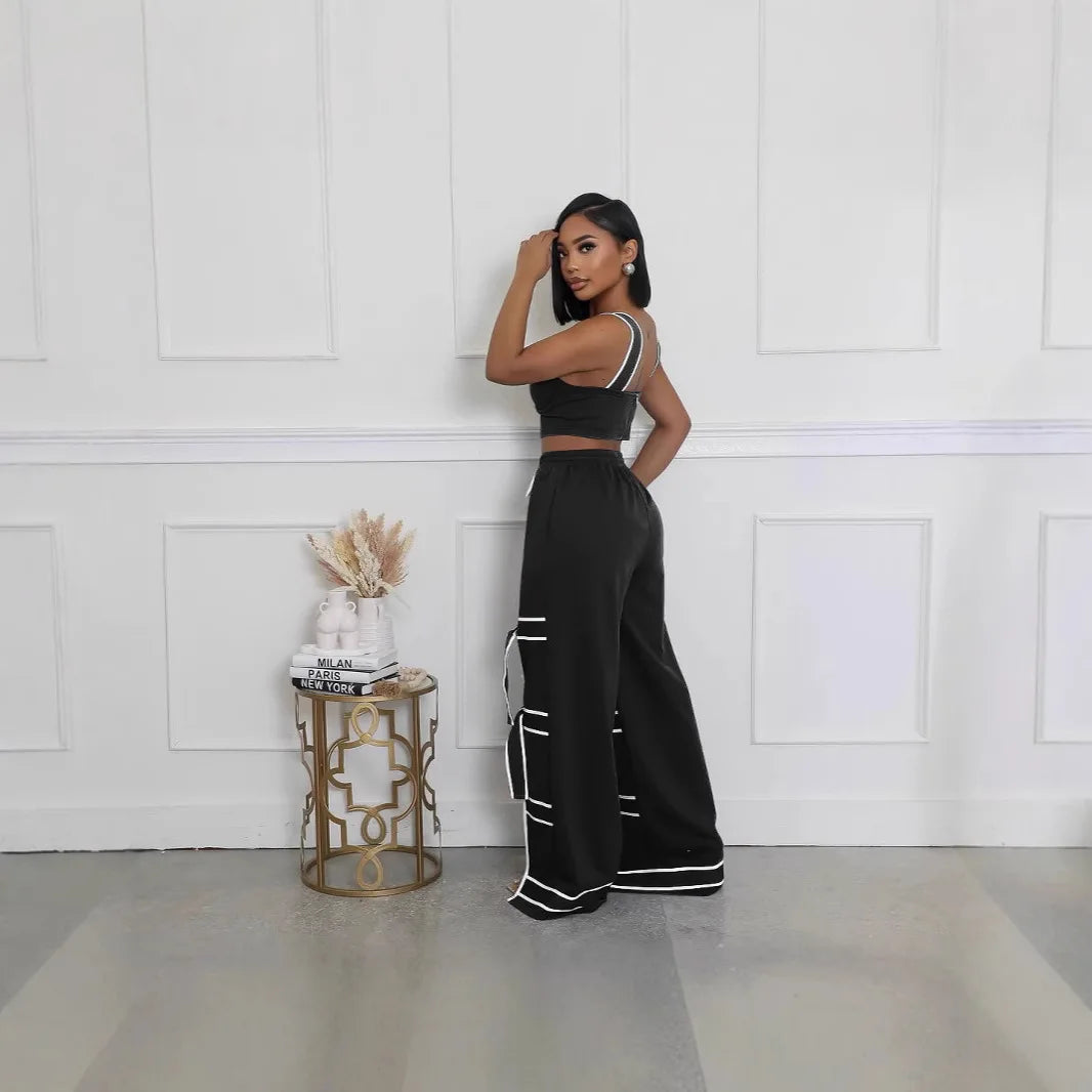 CM.YAYA Fashion Women Striped Patchwork Bowknot Split Wide Leg Jogger Pants 2025 Summer Active Sporty Classic Trousers
