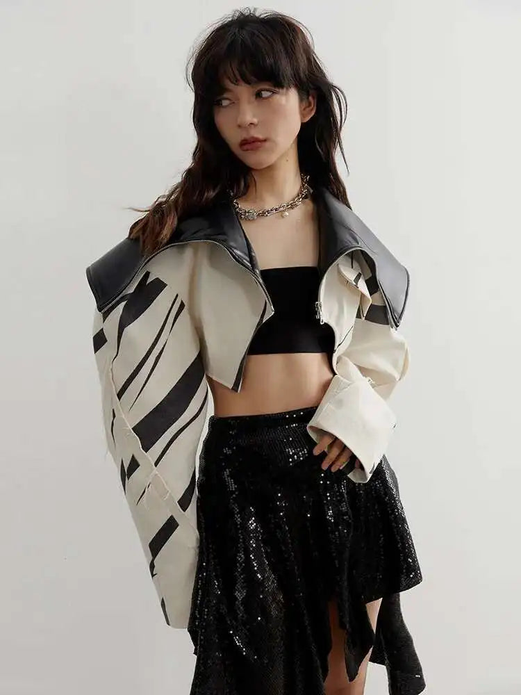 DEAT Fashion Women's Spliced Edge Contrasting Short Jackets Big Lapel Zipper Long Sleeve Short Coat Autumn 2025 New 1DF6153