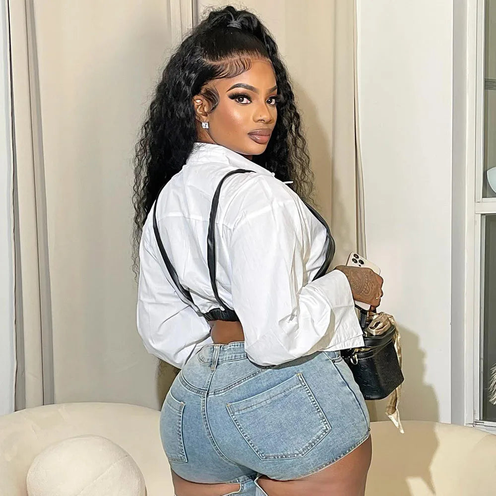 Joskaa Casual Lapel Long Sleeve Single Breasted Slim Crop White Blouses with Black Pu Bra Matching 2024 Chic Tops Streetwear