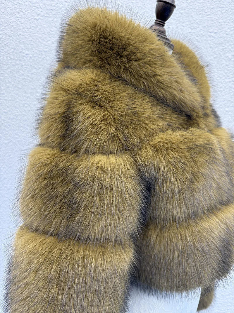 S-6XL Women Coat Autumn Winter Short Hooded Faux Fox Fur Coat Thick Warm Outerwear Fake Fur Woman Jackets Ladies Furry Coats
