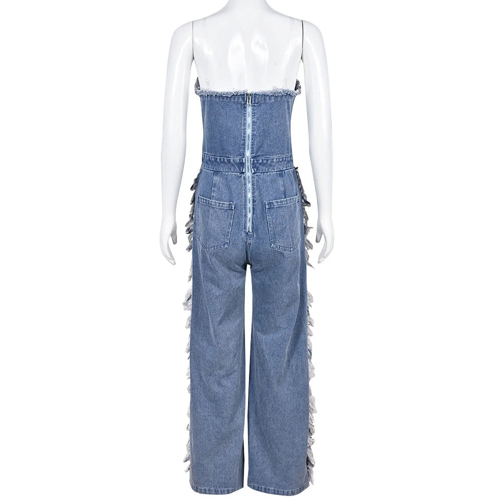 Sibybo Tassel Hollow Out Overalls For Women Studded Diamond Strapless Backless Jeans Street Fashion Trend Jumpsuite Femme