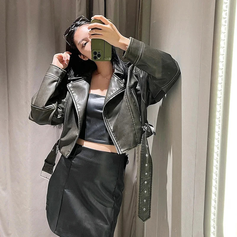 RARF Women's new vintage wash to do old short lapel long sleeve loose pu imitation leather jacket coat
