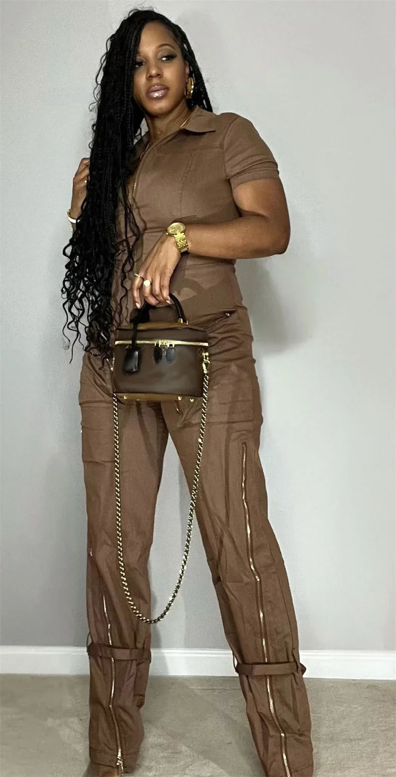 Streetwear Front Zipper Turn-down Collar Cargo Jumpsuit Women Short Sleeve Multiple Pockets One Pieces Romper Casual Overalls