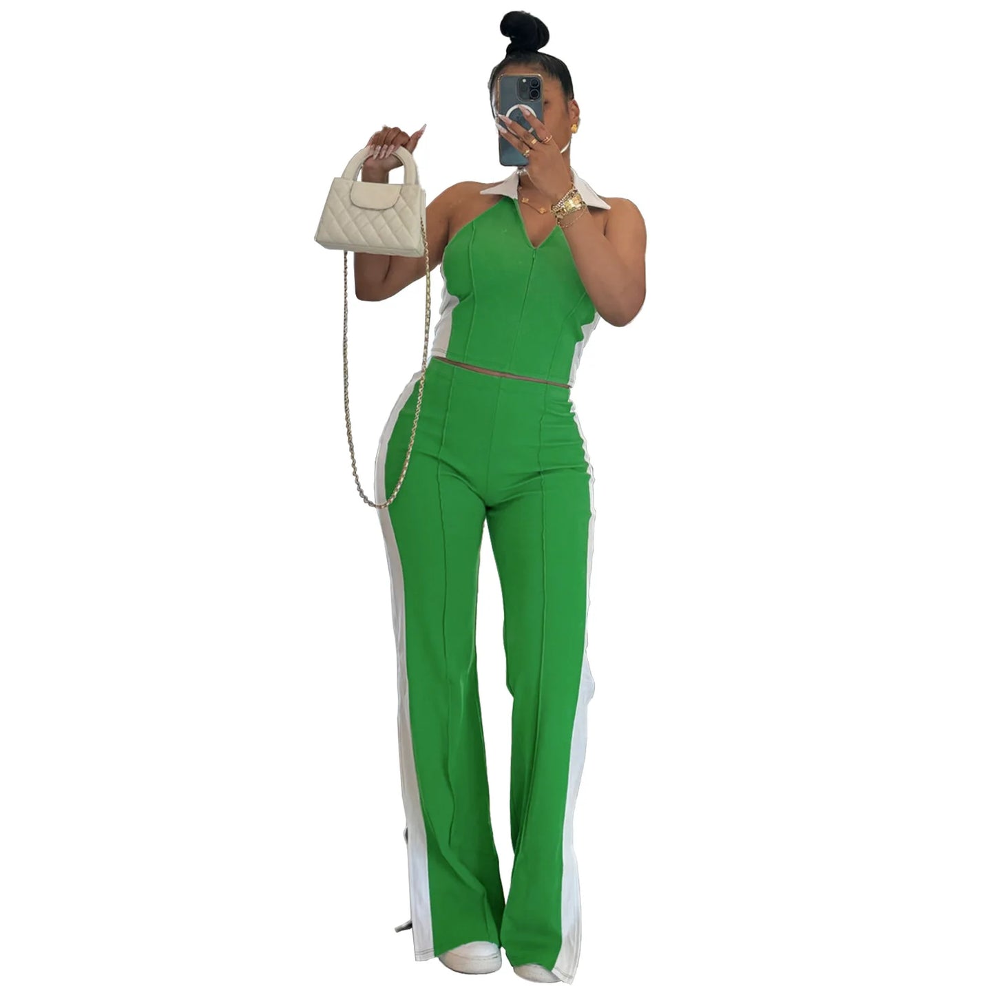 CM.YAYA Sporty Patchwork Women's Set Sleeveless Polo-tank Tops and Slit Flare Pants 2025 Active Two 2 Piece Set Outfit Tracksuit