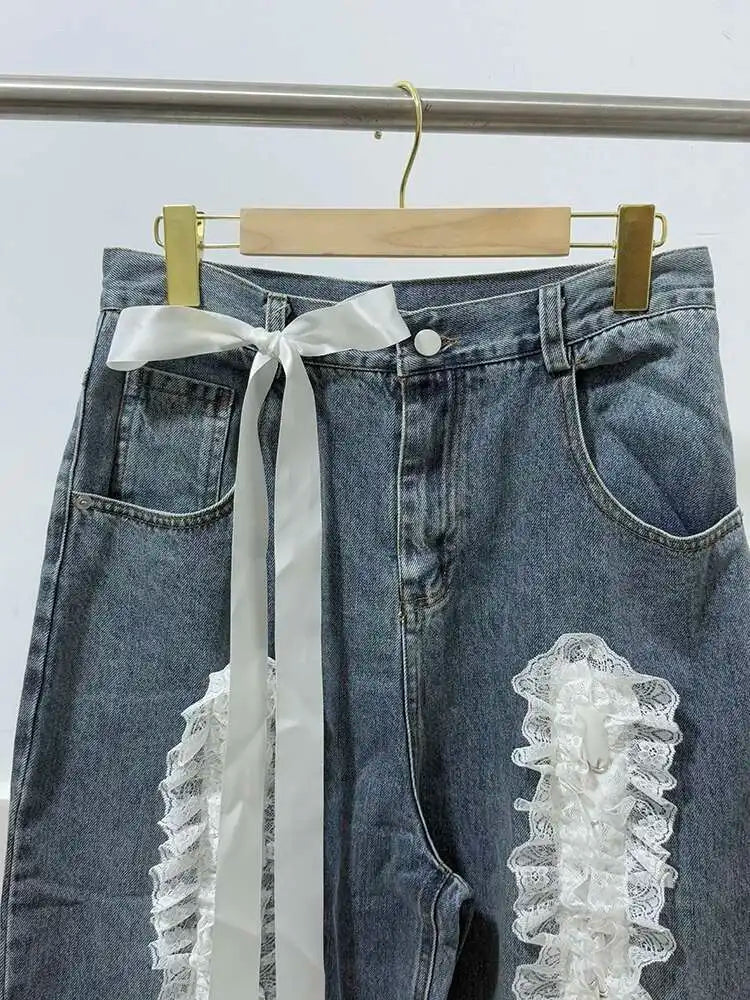 DEAT Women's Fashion Retro Lace Patchwork Denim Long Pants High Waist Wide Leg Jeans Female 2024 Arrival Winter New 11A02128