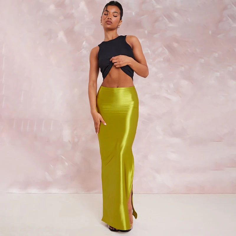 CUTENOVA Stain Long Solid Color Skirt Elegant High Waist Side Split Maxi Skirts Party Sexy Clothes for Women Autumn 2024