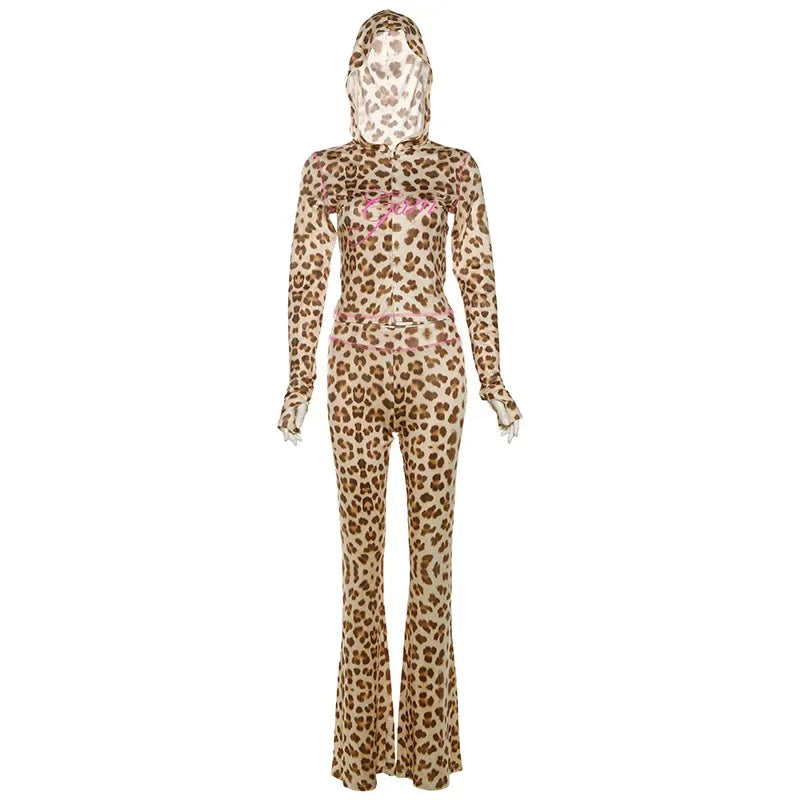 FAGADOER Sexy Leopard Print 2 Piece Sets Women Outfit Long Sleeve Zipper Hooded Crop Jacket + Flare Pants Suits Female Clothing