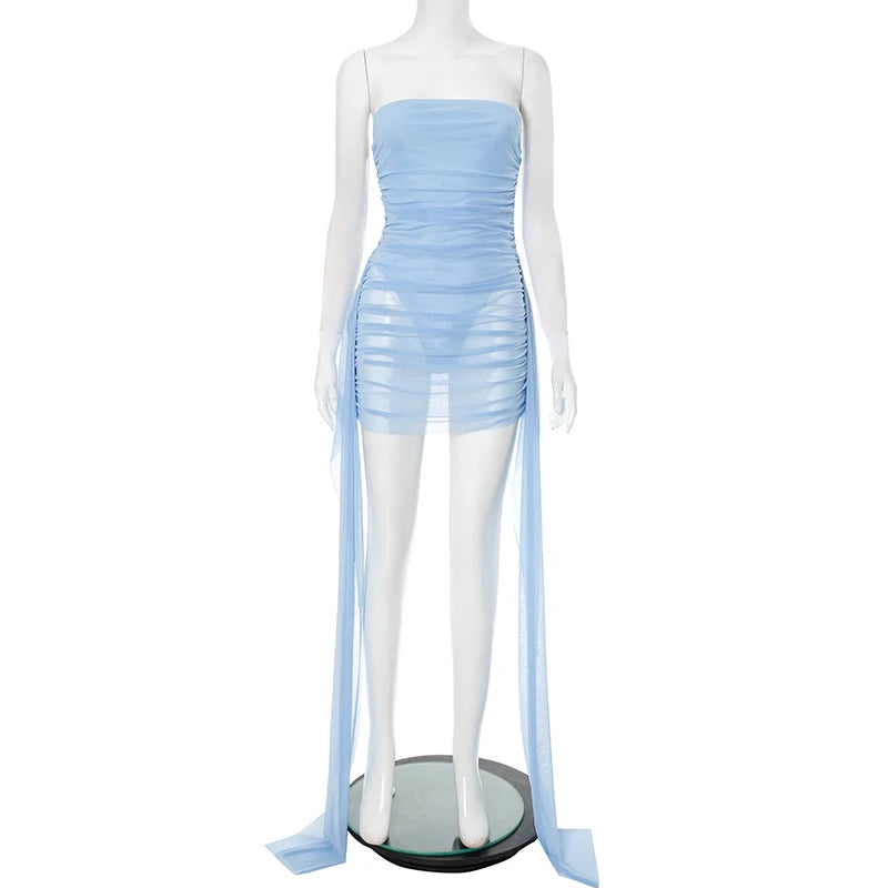 CUTENOVA Women'S Sexy Fashion Fake Two-Piece Mesh Patchwork Chest Fluttering Belt Shrink Pleated Slim Dress Summer New Street