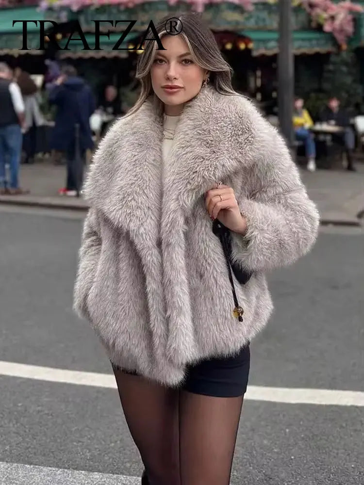 TRAFZA Female Vintage Artificial Fur Effect Coats Lapel Warm Plush Long Sleeves Hidden Buttons Autumn Winter Casual Outerwear