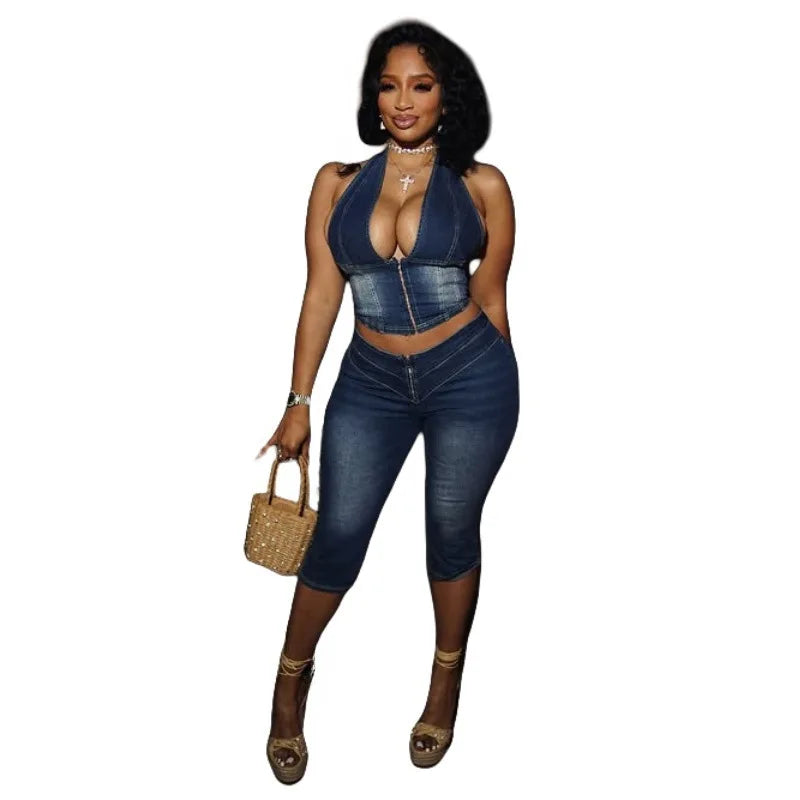 CM.YAYA Fashion ZIP Denim Women's Set sleeveless Crop Top and Calf Length Jeans Pants 2025 Two 2 Piece Sets Outfits Tracksuit
