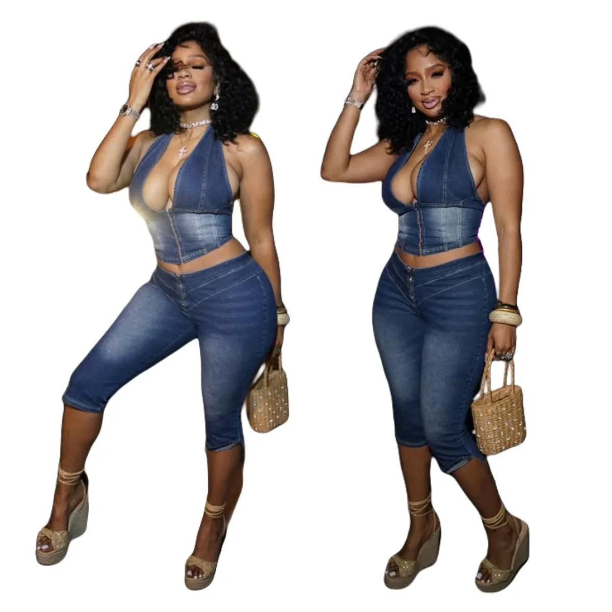 CM.YAYA Fashion ZIP Denim Women's Set sleeveless Crop Top and Calf Length Jeans Pants 2025 Two 2 Piece Sets Outfits Tracksuit