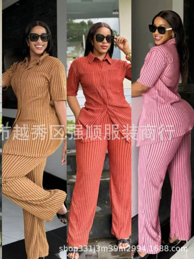 Two Piece Sets Women Pant Set Turn Down Collar Streetwear Y2k Single Breasted Shirt Tops Striped Wide Leg Long Pants Casual 2025