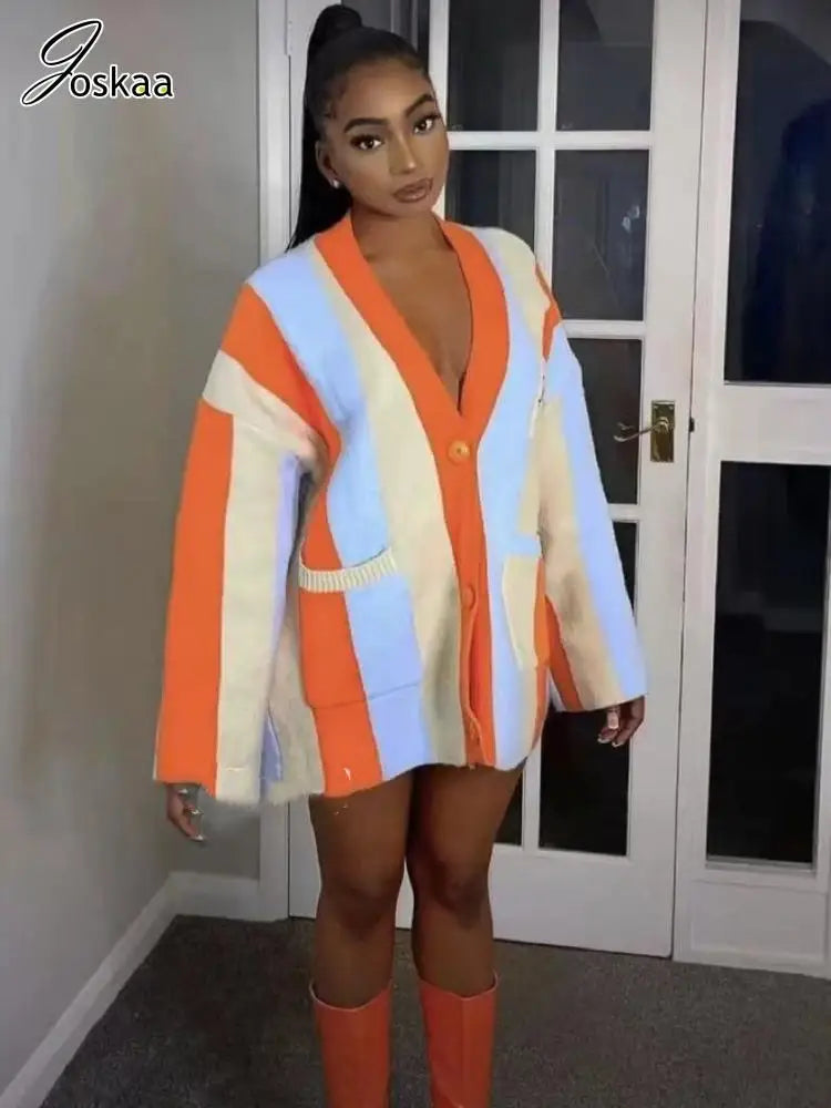 Joskaa Striped Patchwork Knitted Cardigan Women V-Neck Long Sleeve Single Breasted Sweater Coat Autumn 2023 Outwear Streetwear