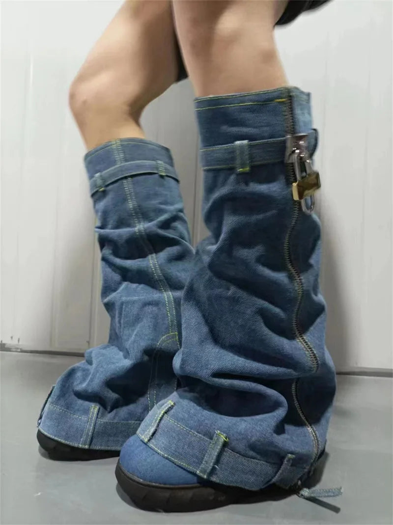Denim Boots Sporty Women's Patchwork Light Metal Lock Knee High Booties Slip On Foldable Sneakers Round Toe Flat Heighten Shoes