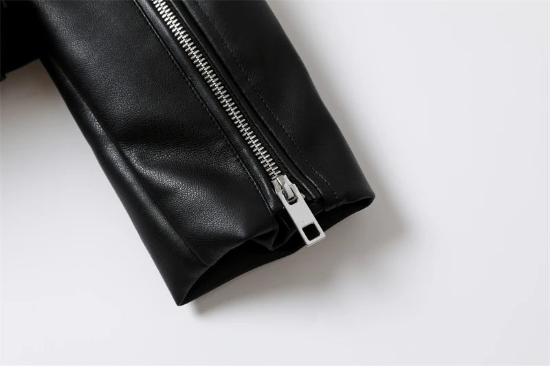 RARF 2024 Women's Spring Black faux-leather jacket Casual zipper and belt Cycling jacket Casual jacket jacket