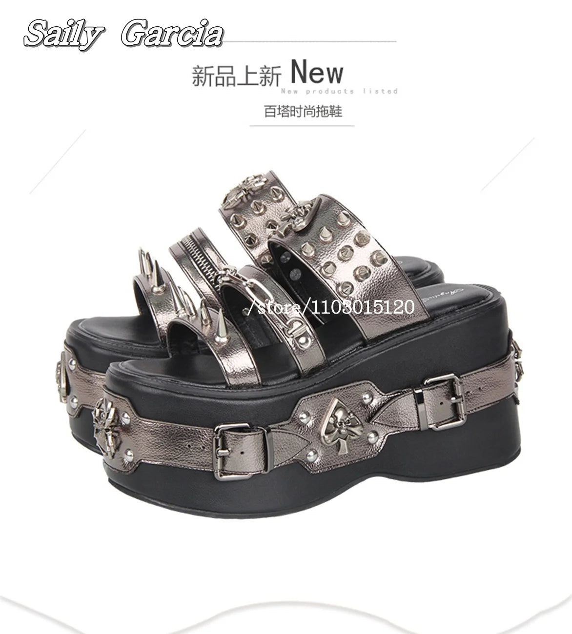 Punk Style Metal Rivet Thick Sole 10CM Heel Slippers Open Toe Size 34-47 Original Customization Y2K Slides Silver Hollow Sandals