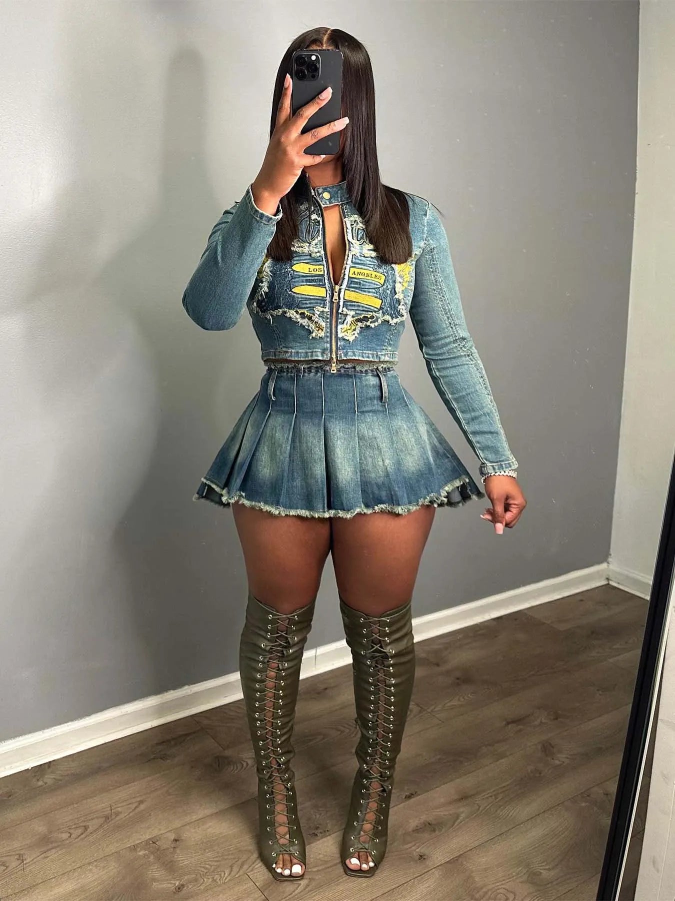 CM.YAYA Denim Women's Set Letter Embroidery Full Sleeve Jacket and Pleated Skirts Suits Streetwear Sexy Two 2 Piece Set Outfits