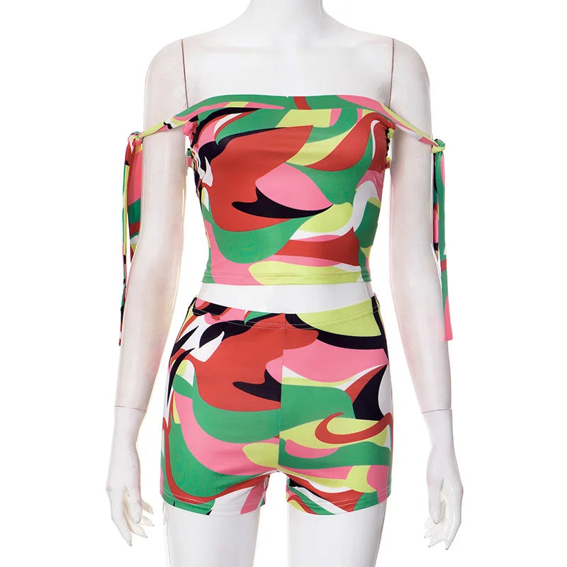Joskaa Colorful Print Beach Style 2 Piece Sets Women Swimsuit Sexy Tube Tops and Shorts Matching 2025 Summer Bathing Suit
