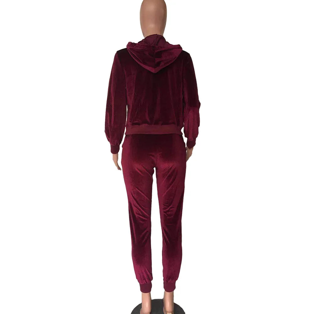 Women Pant Sets Comfortable Velvet Matching Sets Two Piece Set Autumn Loose Zipper Hoodie Jacket Elastic Waist Skinny Pants Sets